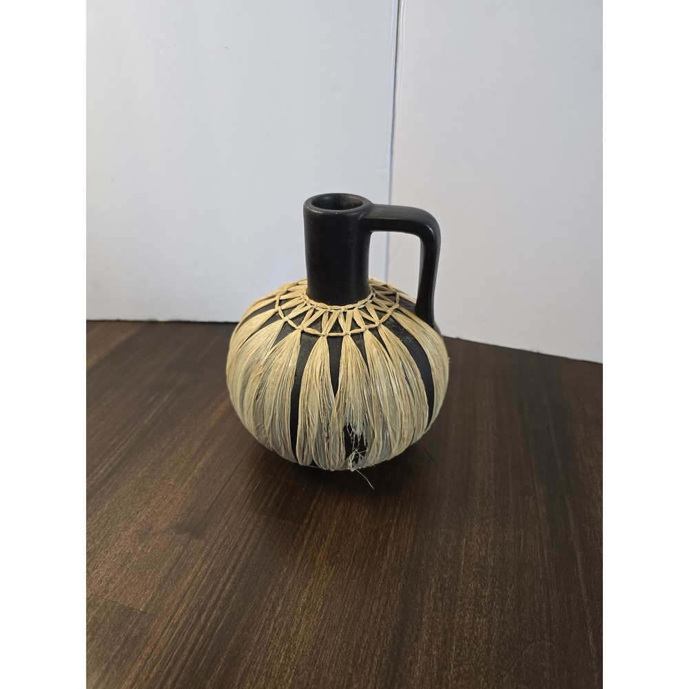 Vintage Austria Ceramic Raffia Wrapped Vase Black Mid Century Modern Handled Jug